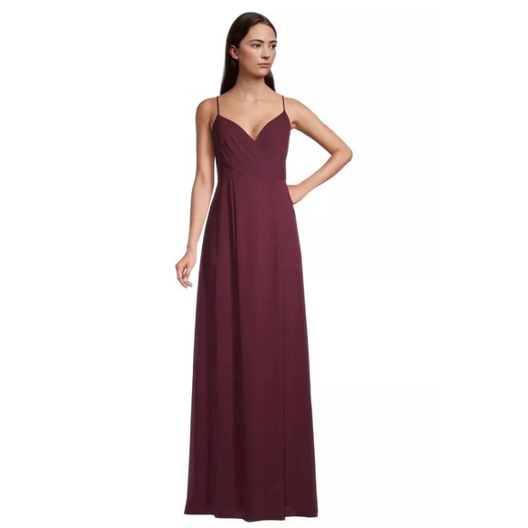 NWT Bill Levkoff Ryan Wine Chiffon V-Back A-Line Maxi Dress Gown 4 - Picture 1 of 10